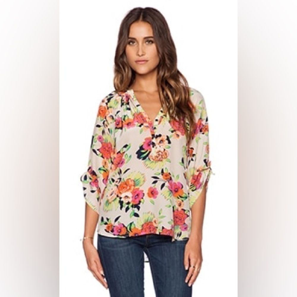 Revolve Yumi Kim Top Peonies Bloom Floral 100% Silk Blouse Cinch Sleeve Medium